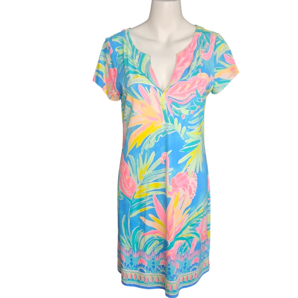 Lilly Pulitzer Sophiletta Sz M Dress Bennet Camp Showstopper Flamingo UPF 50+